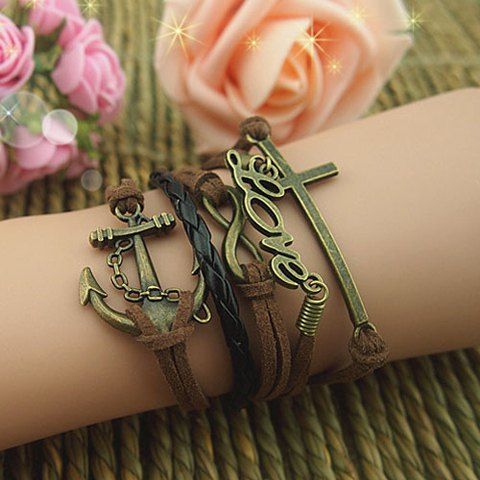 RoseGal Vintage Cross and Letter and Anchor Embellished Multilayered Charm Bracelet For Women