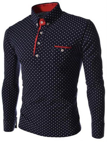 RoseGal Turn dwon Collar One Pocket Polka Dot Print Long Sleeves Polyester Polo Shirt