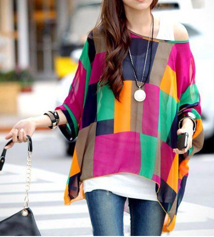 Stylish Scoop Neck Batwing Sleeve Color Block Chiffon Blouse For Women