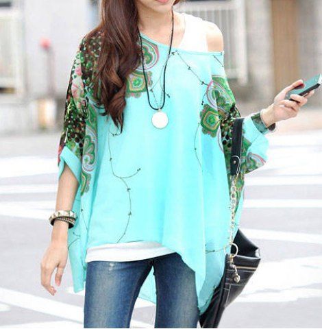 Stylish Scoop Neck Batwing Sleeve Printed Loose-Fitting Chiffon Blouse For Women