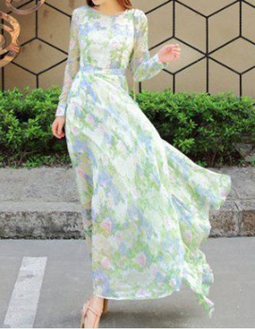 RoseGal Long Sleeve Round Collar Floral Print Dress