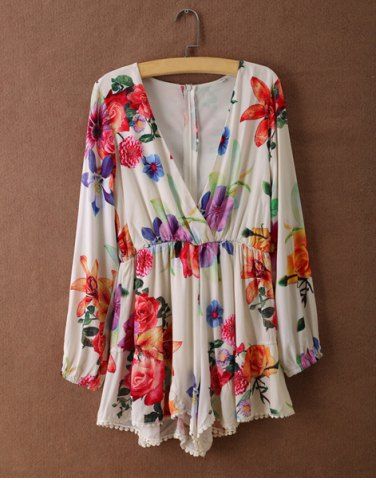 RoseGal Long Sleeve Plunging Neck Floral Print Jumpsuit