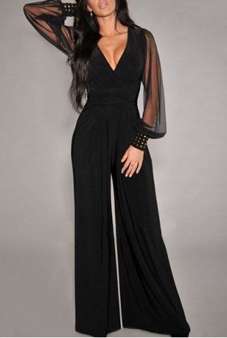 Sexy V-Neck Long Sleeve Wide-Leg Jumpsuit For Women