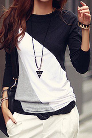 Casual Round Collar Long Sleeve Spliced Color Block Women's T-shirt