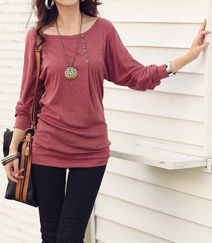 Casual Style Scoop Neck Long Batwing Sleeve Solid Color Loose-Fitting Women's T-Shirt