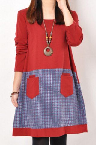 RoseGal Scoop Neck Long Sleeves Plaid Pocket Splicing Dress For Women