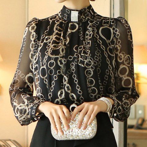 RoseGal Stand Collar Printed Long Sleeve Chiffon Blouse For Women
