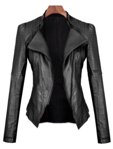 RoseGal Turn Down Collar Long Sleeves PU Leather Black Jacket For Women