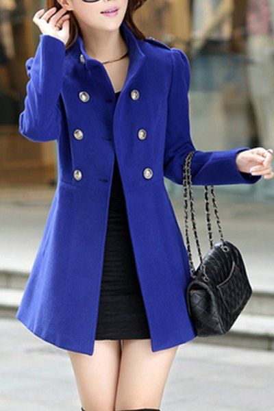 Stylish Stand-Up Neck Long Sleeve Solid Color Button Design Women's Coat