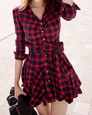 Stylish Turn-Down Collar Checked Print Lace-Up Long Sleeve Women's Dress