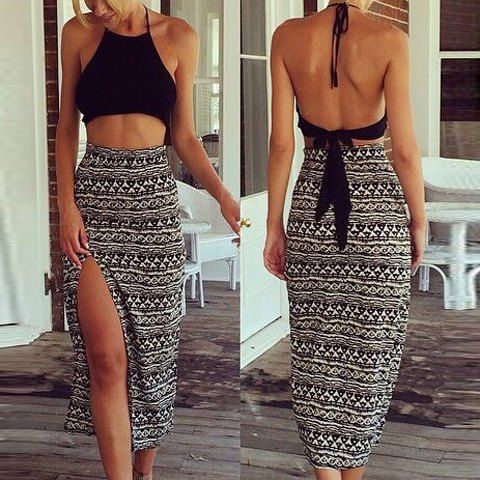 RoseGal Halter Solid Color Tank Top   High Waisted Printed Skirt Twinset