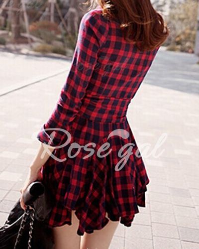 Stylish Turn-Down Collar Checked Print Lace-Up Long Sleeve Women's Dress