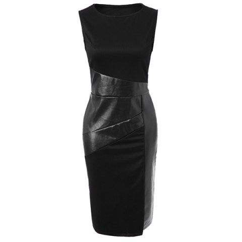 RoseGal Jewel Neck Sleeveless Faux Leather Splicing Dress For Women