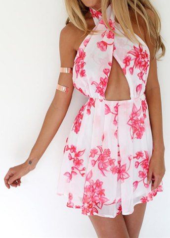 RoseGal Halter Sleeveless Floral Print Backless Hollow Out Dress