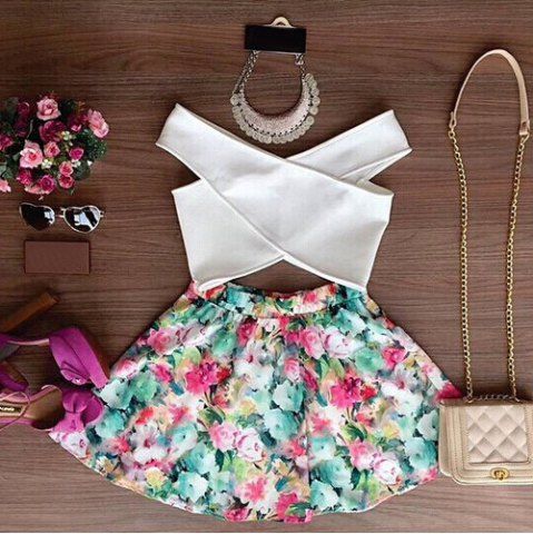 RoseGal V Neck Sleeveless Solid Color Blouse   Floral Print Skirt Twinset