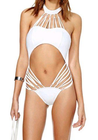 RoseGal Halter Pure Color Hollow Out One Piece Swimsuit For Women