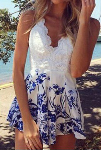 RoseGal Plunging Neck Sleeveless Floral Print Backless Romper