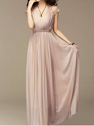 RoseGal V Neck Embroidered Pleated Chiffon Dress For Women