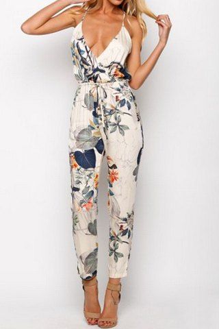 Stylish Spaghetti Strap Floral Print Backless Jumpsuit For Women