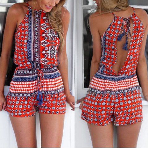 Sexy Round Collar Sleeveless Printed Hollow Out Women's Romper