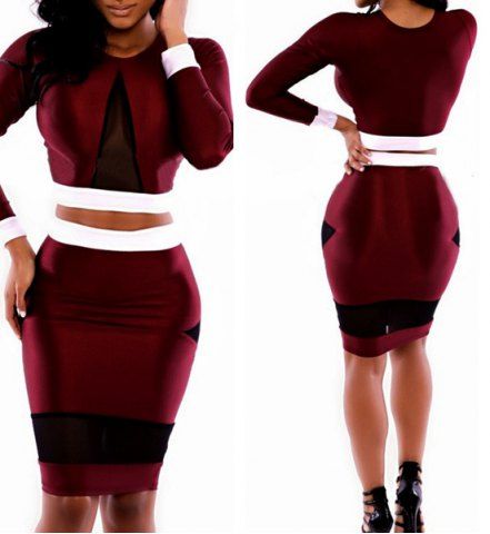 RoseGal Scoop Collar Long Sleeve See Through Crop Top   Spliced Skinny Skirt Twinset