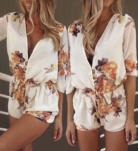 Stylish Plunging Neck Long Sleeves Floral Print Romper For Women