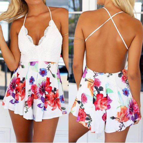 Sexy V-Neck Sleeveless Backless Floral Print Women's Romper