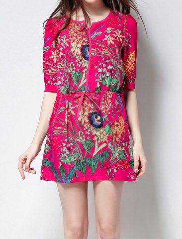 RoseGal Scoop Neck Half Sleeve Floral Print Drawstring Dress