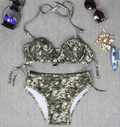 RoseGal Halter Lace Up Camouflage Print Bikini Set