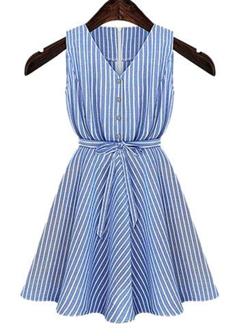 RoseGal V Neck Sleeveless Striped Button Design Dress
