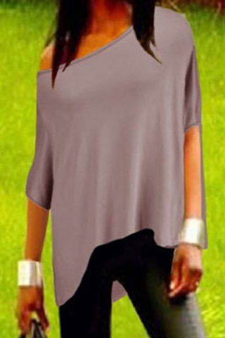 RoseGal Skew Neck 3 4 Sleeve Solid Color Asymmetrical T Shirt