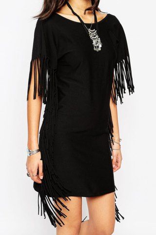 RoseGal Black Short Sleeve V Back Tassel Dress