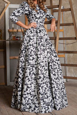 RoseGal Round Collar 3 4 Sleeve Floral Print Maxi Dress