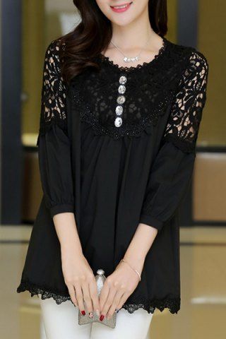 RoseGal Solid Color Cut Out Lace Spliced Blouse