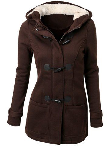 Casual Hooded Solid Color Double-Pocket Flocking Long Sleeve Coat For Women