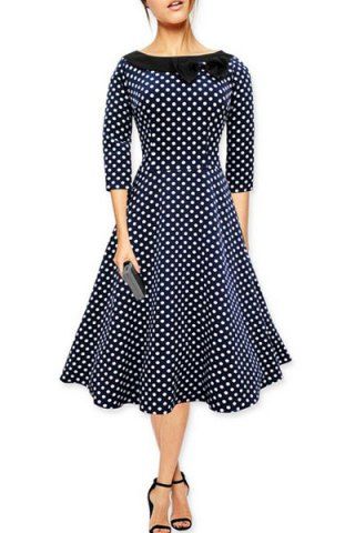RoseGal Slash Neck Polka Dot Print Bowknot Design 3 4 Sleeve Dress For Women