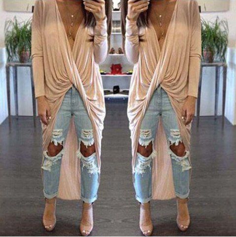 Sexy Plunging Neck Curly Wrapped Solid Color Irregular Blouse For Women