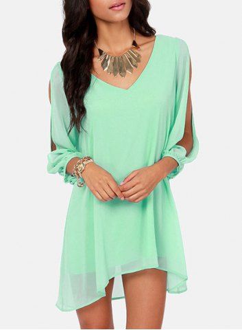 RoseGal Solid Color V Neck Slit Long Sleeve Chiffon Dress