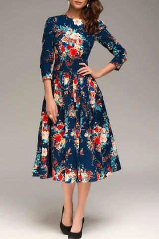 RoseGal Round Neck 3 4 Sleeve Floral Print Prom Dress