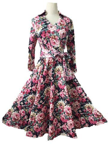 RoseGal Turn Down Collar Flower Print 3 4 Sleeve Dress For Women