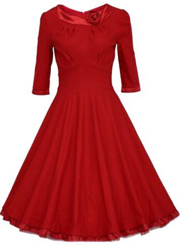 RoseGal Round Neck 3 4 Sleeve Solid Color Rose Embellished Dress