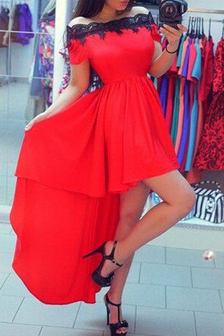 RoseGal Red Off The Shoulder Lace Splice High Waist Asymmetric Dress