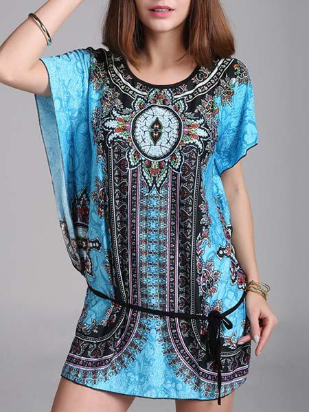 Fashionable Scoop Neck Short Sleeve Print Loose Fitting Dress For Women