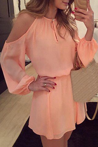 RoseGal Round Collar Long Sleeve Pure Color Cut Out Chiffon Dress