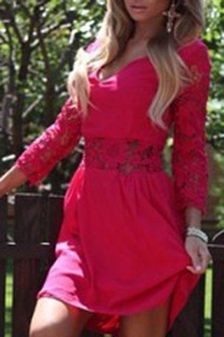 RoseGal V Neck Long Sleeve Lace Spliced Hollow Out Dress