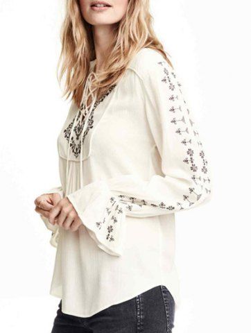 RoseGal Embroidered Long Sleeve Lace Up White Blouse