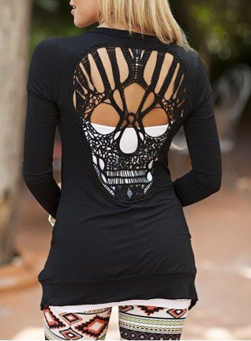 RoseGal Scoop Neck Long Sleeve Hollow Out Skull Pattern T Shirt