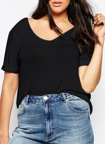 RoseGal V Neck Short Sleeve Plus Size Pure Color T Shirt For Women