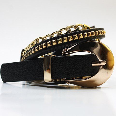 RoseGal Rivet and Chain Embellished Pin Buckle Slender Belt For Women