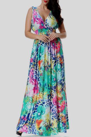 RoseGal Plunging Neck Colorful Floral Print Sleeveless Dress For Women